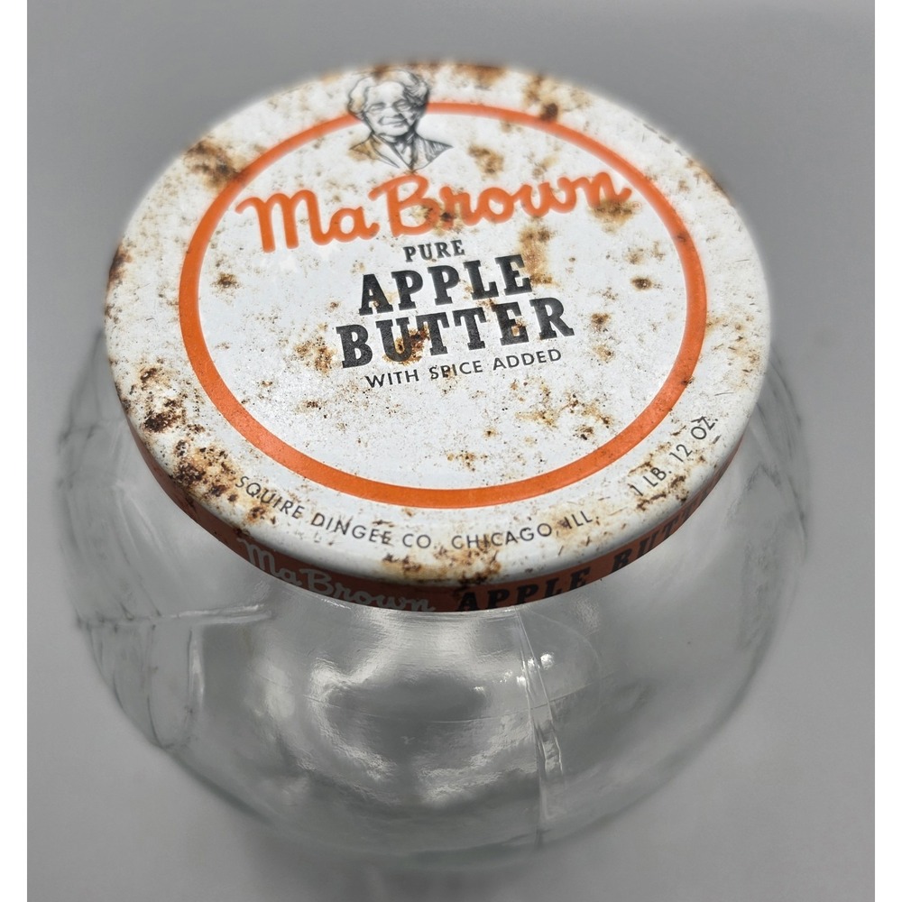 Vintage 1950s Ma Brown Apple Butter Jar 14 Oz Squire Dingee Chicago Glass Lid